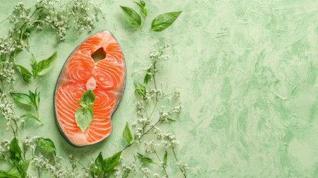 A stunning display of fresh salmon slice garnished with green basil and delicate white flowers, set against a soft green background, perfect for culinary themes.の素材