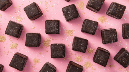 A visually stunning arrangement of dark chocolate squares scattered on a vibrant pink background, enhanced by sparkling sugar crystals for an exquisite appeal.の素材