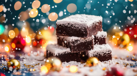 A tempting arrangement of rich chocolate squares dusted with sugar snow, surrounded by vibrant holiday decorations and soft bokeh lights, perfect for festive celebrations.の素材