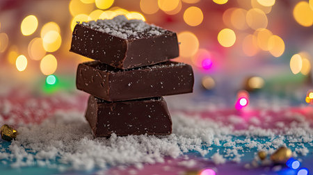 A close-up of three dark chocolate bars sprinkled with sea salt, set against a vibrant, colorful bokeh background, perfect for food lovers.の素材