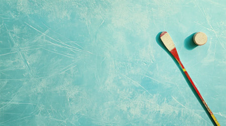 This image features a vintage wooden paddle and cork on a textured blue background, ideal for creative projects, sports themes, and artistic designs.の素材