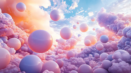 This mesmerizing image showcases a vibrant dreamscape filled with colorful floating spheres amidst soft, fluffy clouds under a radiant sky.の素材