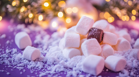 A delightful arrangement of fluffy marshmallows and a single chocolate piece lies atop a snowy surface, enhanced by warm festive lights. Perfect for holiday illustrations.の素材