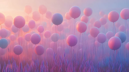 A stunning display of pastel balloons gently floating above a vibrant flower field, creating a serene and dreamy atmosphere at sunset.の素材