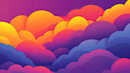 This vibrant abstract illustration features layers of soft clouds in a beautiful gradient of pink, purple, orange, and yellow hues, creating a dreamy atmosphere.の素材