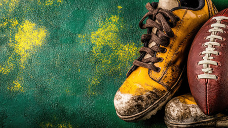 A close-up of vintage yellow sneakers and an American football on a vibrant textured background, capturing the spirit of sports and outdoor adventures.の素材
