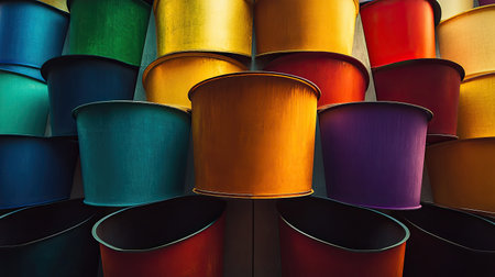 This captivating image features a collection of vibrantly colored baskets arranged in a decorative pattern against a wall, showcasing bright hues and a modern artistic style.の素材