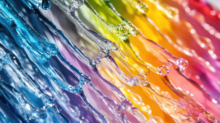 This stunning image showcases a vibrant display of colorful water splashing in an abstract design. Each flowing stream reflects various shades, creating a mesmerizing visual effect. Perfect for themes of freshness and nature.の素材