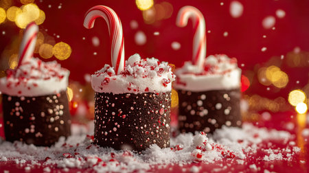 Delight in these festive chocolate treats topped with candy canes and red sprinkles, perfect for holiday celebrations and seasonal gatherings.の素材