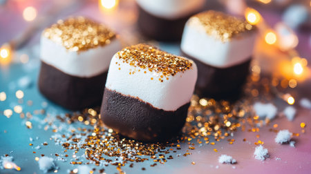 Delightful marshmallows topped with golden glitter sit on a colorful background, perfect for festive celebrations or special occasions.の素材
