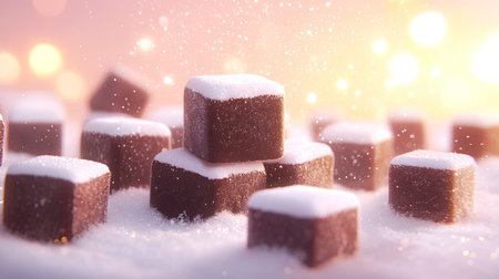 Intricate chocolate cubes dusted with a layer of sugar snowflakes create a delightful winter scene, perfect for festive celebrations and cozy moments.の素材