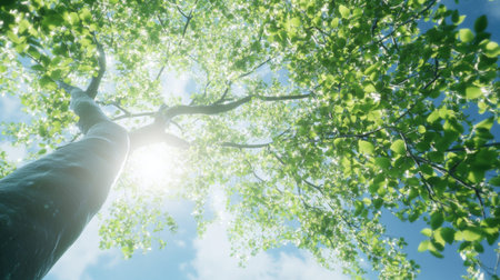 A stunning view of a lush green tree with vibrant leaves basking in bright sunlight against a clear blue sky. The image captures a serene outdoor setting, perfect for conveying tranquility and natural beauty.の素材