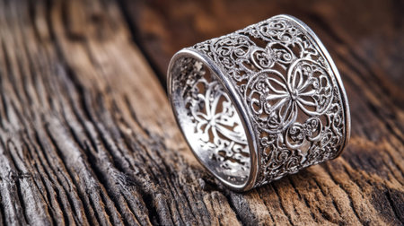 This elegant silver ring features an intricate floral pattern, beautifully showcased against a rustic wooden background, highlighting its craftsmanship and design.の素材