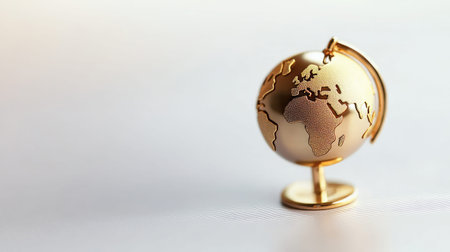 This artistic image features a small golden globe, elegantly showcasing Africa and its surrounding geography, perfect for educational and travel-themed projects.の素材