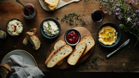 A cozy breakfast setup featuring sliced artisan bread accompanied by creamy butter, flavorful jam, and fresh thyme. Perfect for a warm morning meal.の素材
