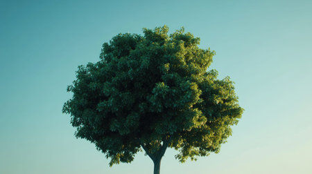 A vibrant green tree stands alone against a clear blue sky, showcasing lush foliage and representing life and tranquility in nature's embrace.の素材