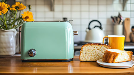 A stylish retro toaster in mint green color sits next to slices of fresh bread and a cheerful yellow mug, creating a cozy and inviting kitchen atmosphere.の素材