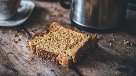 A slice of freshly toasted whole wheat bread rests on a rustic wooden table. Nearby, a shiny coffee pot and an elegant cup create a cozy breakfast atmosphere.の素材