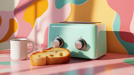 A charming retro mint green toaster sits next to a slice of golden toast and a coffee mug, set against a vibrant pastel background, evoking warmth and nostalgia.の素材