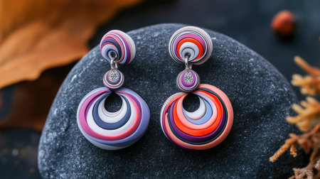 Eye-catching colorful swirled earrings displayed elegantly on a smooth stone surface, surrounded by natural elements, perfect for fashion photography and accessory design.の素材
