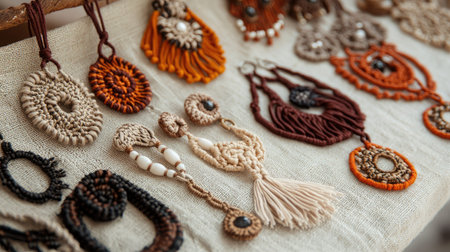 This image showcases an exquisite array of handcrafted macrame jewelry, including unique earrings and necklaces, beautifully displayed on a linen backdrop.の素材