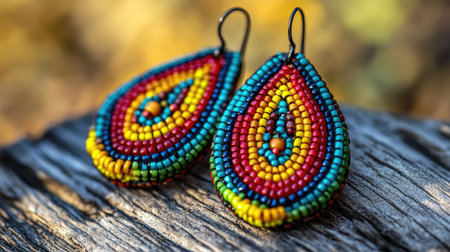 This stunning image features colorful beaded earrings with intricate patterns, resting on a rustic wooden surface. The vibrant colors and unique design highlight the beauty of handmade jewelry, making it a perfect choice for fashion enthusiasts and art lovers alike.の素材