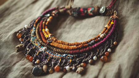 Captivating handmade bohemian necklace adorned with vibrant beads and natural elements displayed on a textured fabric background, embodying artistry and elegance.の素材