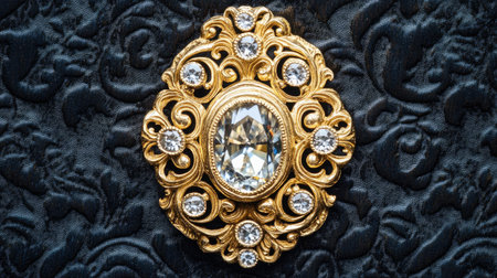 Close-up image of a vintage brooch featuring a large center gem surrounded by smaller decorative stones, set against a rich black background.の素材