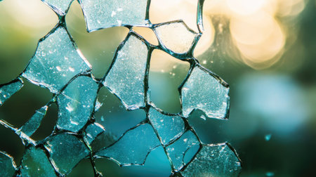 A captivating close-up of broken glass fragments with a soft focus background. The warm tones and reflections create an abstract, serene atmosphere perfect for artistic projects.の素材