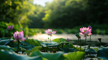 A captivating scene of vibrant lotus flowers gently rising above a tranquil water surface, surrounded by lush greenery and soft morning light, evoking peace.の素材