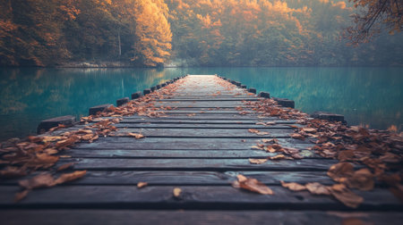 This tranquil autumn scene captures a wooden pier extending over calm water, surrounded by vibrant foliage and peaceful nature, ideal for relaxation.の素材