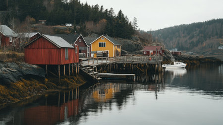 A serene view of a coastal village featuring vibrant wooden houses along a quiet pier, surrounded by rugged nature and calm waters.の素材