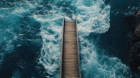 A stunning aerial view of a wooden walkway extending over vibrant turquoise waves, capturing the essence of coastal beauty and serenity.の素材