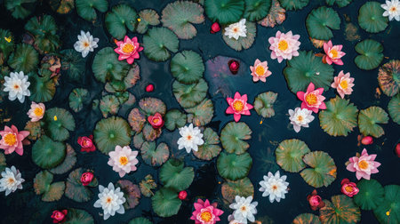 A serene overhead view of vibrant water lilies in bloom, showcasing a beautiful interplay of pink and white flowers amidst lush green leaves on a tranquil pond.の素材