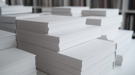 A visually striking arrangement of blank paper sheets stacked in a bright workspace. Ideal for design inspiration, creative projects, or minimalist aesthetics.の素材