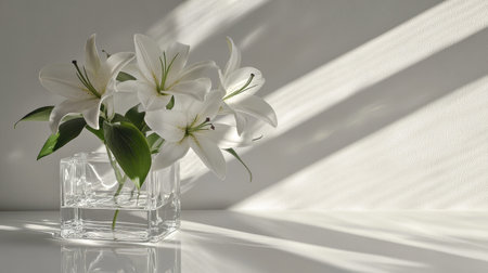 A serene arrangement of elegant white lilies in a clear vase captures the essence of minimalism and beauty, enhanced by soft shadows and natural light.の素材