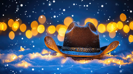 A cozy cowboy hat sits elegantly on a blanket of fresh snow, illuminated by twinkling lights, creating a magical winter atmosphere.の素材