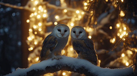 This enchanting image features two barn owls perched closely on a snowy branch, illuminated by warm, twinkling lights in a winter forest scene.の素材