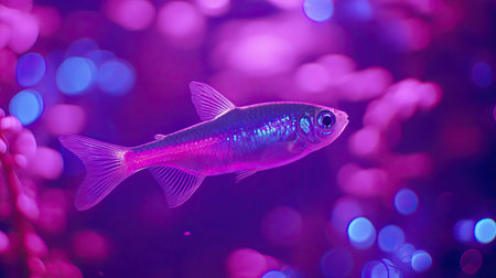 This enchanting image features a fish gracefully swimming through a colorful aquarium. The vibrant hues and bokeh effect create a tranquil atmosphere, perfect for nature enthusiasts.の素材