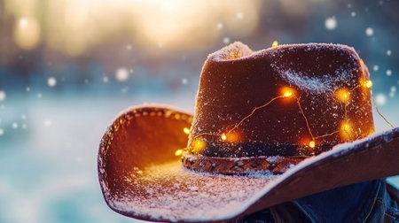 A beautifully crafted cowboy hat adorned with fairy lights and dusted in snow, set against a serene winter backdrop, evoking warmth and festive cheer.の素材