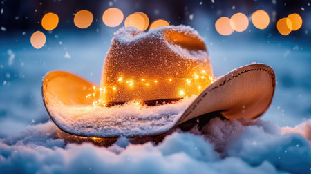A charming winter cowboy hat adorned with glowing lights rests on soft snowflakes, creating a cozy and festive atmosphere during cold nights.の素材