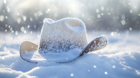 A snow-covered cowboy hat rests quietly in a snowy landscape, capturing the essence of winter. The soft focus and bokeh effect create a serene atmosphere, perfect for evoking seasonal charm.の素材