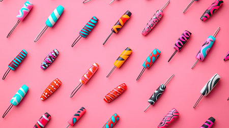This vibrant image showcases an array of colorful crafting tools arranged in a playful manner on a bright pink background, ideal for art projects.の素材