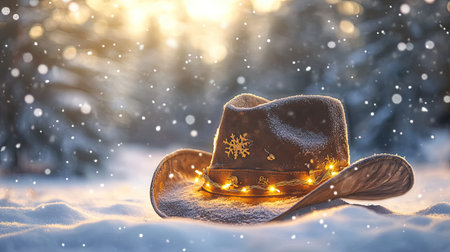 A cozy cowboy hat illuminated with fairy lights sits beautifully on a blanket of fresh snow, capturing the essence of winter magic and seasonal charm.の素材