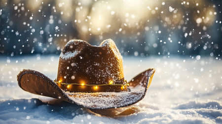 A charming cowboy hat rests in a blanket of snow, adorned with glimmering fairy lights, creating a magical winter scene perfect for festive themes.の素材