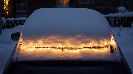 A peaceful winter scene featuring a snow-covered car roof adorned with twinkling lights against a dusky backdrop, capturing holiday spirit and tranquility.の素材