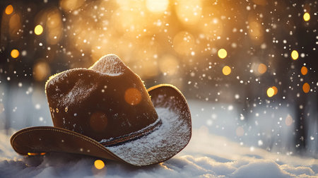 A serene winter scene featuring a snowy cowboy hat resting on the ground, surrounded by gentle snowflakes and soft bokeh lights.の素材