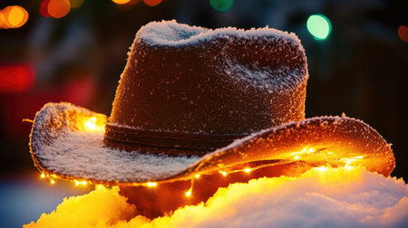 A charming cowboy hat rests on a snow-covered surface, adorned with twinkling lights, creating a warm and festive atmosphere perfect for winter celebrations.の素材