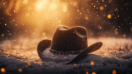 A stunning cowboy hat rests atop a blanket of snow, surrounded by glowing golden light. The tranquil winter landscape offers a cozy and artistic atmosphere, showcasing beauty in nature.の素材