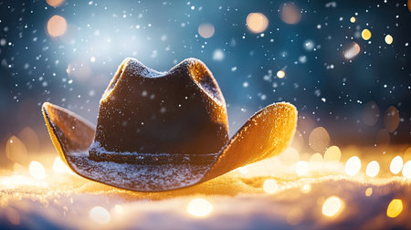 A charming winter-themed image featuring a rustic cowboy hat dusted with snow, set against a backdrop of soft warm lights and gentle snowfall, creating a magical atmosphere.の素材